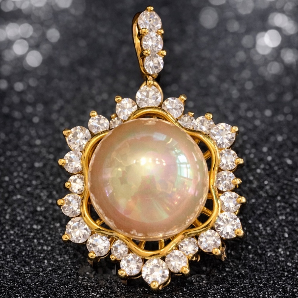 Suzanne Somers vintage Pearl CZ statement pendant Omega estate slide gold HSN